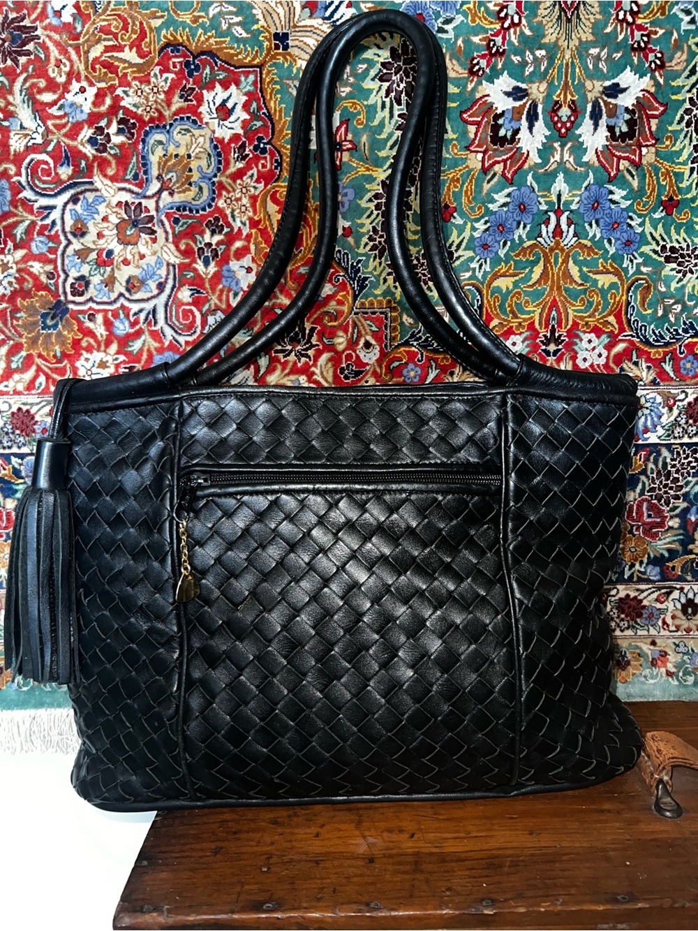 Bally Vtg Woven Black Leather Tote Bag Intrecciato Style Tassel Purse Italy